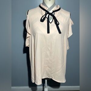 Elegant Light Pink Blouse with Black Ribbon